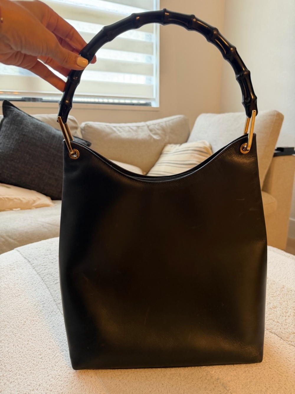 Gucci Black Leather Shoulder Bag with Bamboo Handle